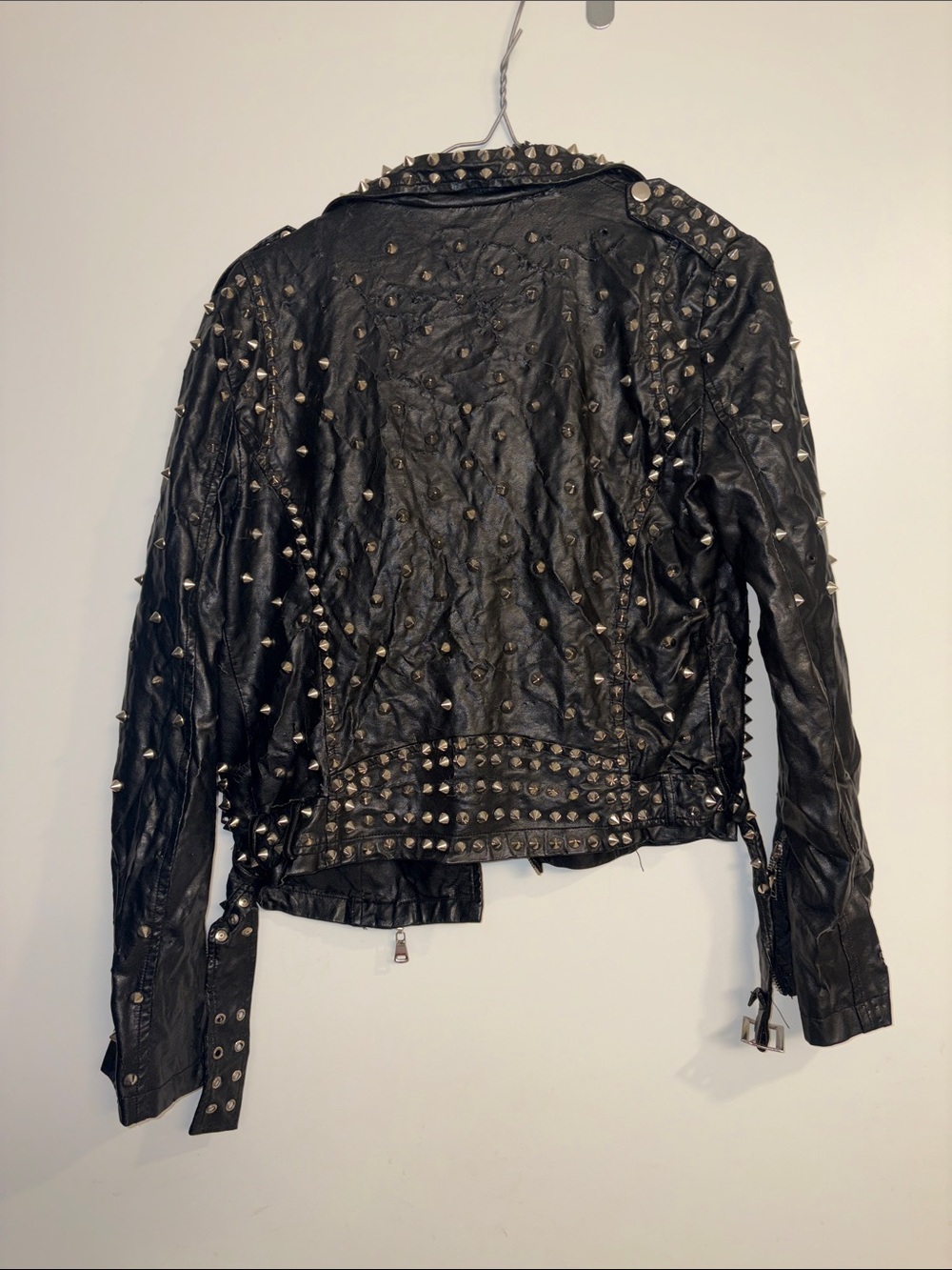 Black Studded Faux Leather Biker Jacket - Women's